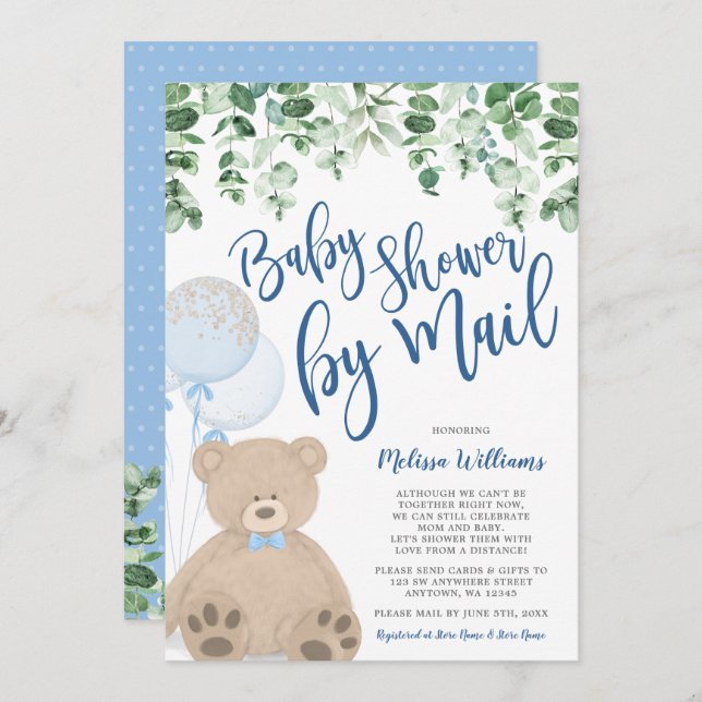 Invitation Baby shower Eucalyptus des ballons d'ours en peluc (Devant / Derrière)