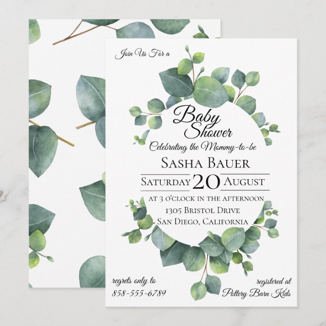 Invitation Baby shower Eucalyptus Dollar Argent (Devant / Derrière)