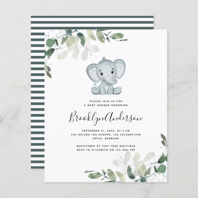Invitation Baby shower Eucalyptus Elephant BUDGET (Devant / Derrière)