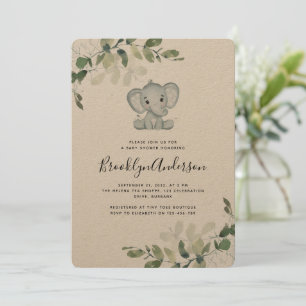 Invitation Baby shower Eucalyptus Eléphant Rustique Kraft