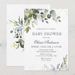 Invitation Baby Shower Eucalyptus en aquarelle VERT NEUTRE
