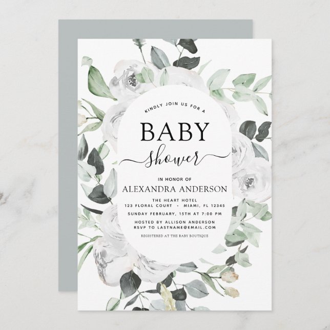 Invitation Baby shower Eucalyptus Floral Roses Blanches Verdu (Devant / Derrière)