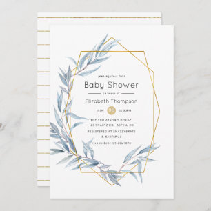Invitation Baby shower Eucalyptus géométrique bleu et or