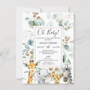 Invitation Baby shower Eucalyptus Gold Safari Animaux