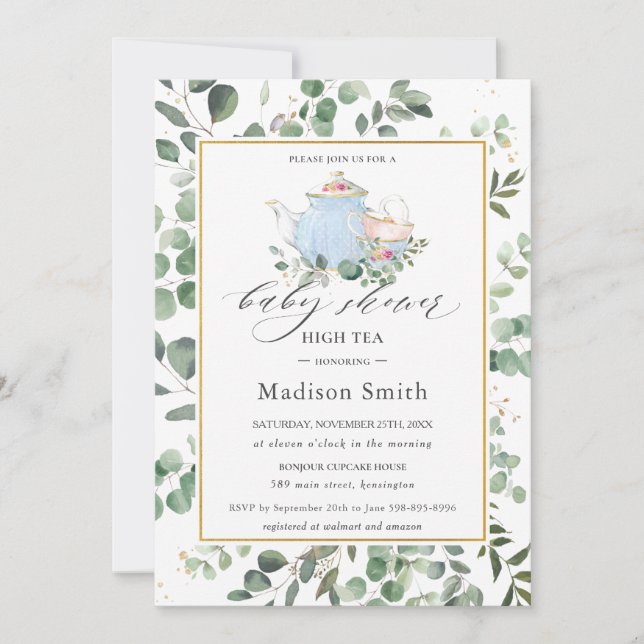 Invitation Baby shower Eucalyptus Green High Tea Party (Devant)