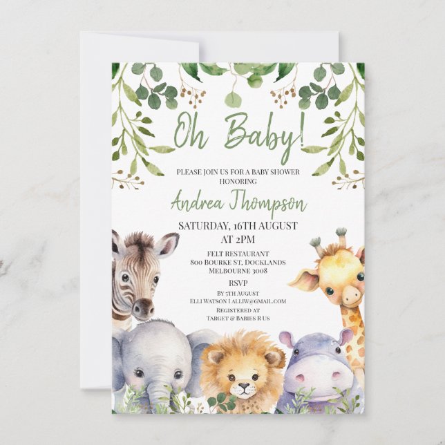 Invitation Baby shower Eucalyptus Safari neutre genre mignon (Devant)