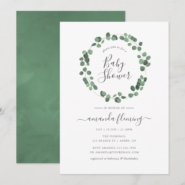 Invitation Baby Shower Eucalyptus Végétal (Devant / Derrière)