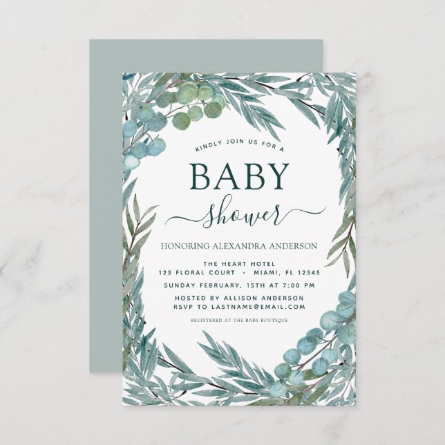 Invitation Baby shower Eucalyptus Verdure Aquarelle (Devant / Derrière)