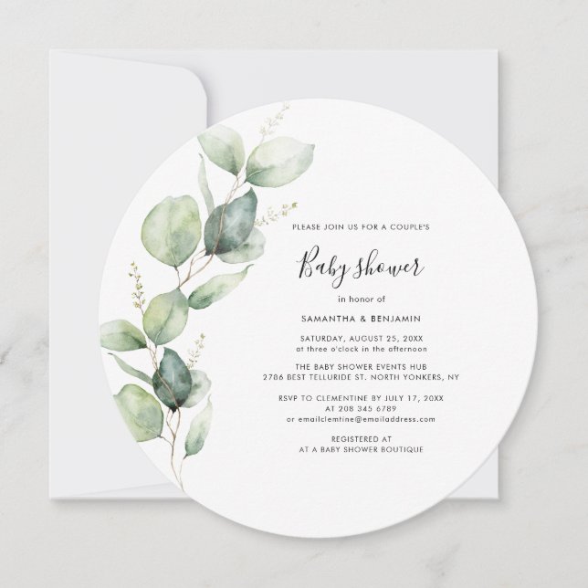 Invitation Baby shower Eucalyptus Verdure Script Couples (Devant)