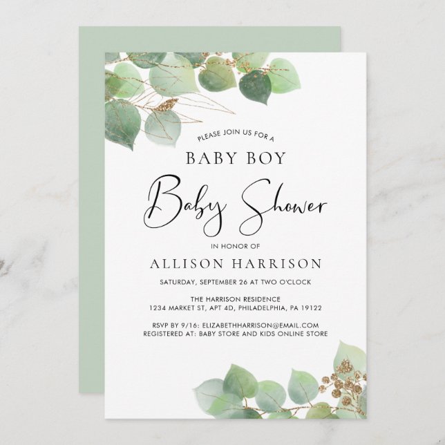 Invitation Baby shower Eucalyptus Watercolor Boy (Devant / Derrière)