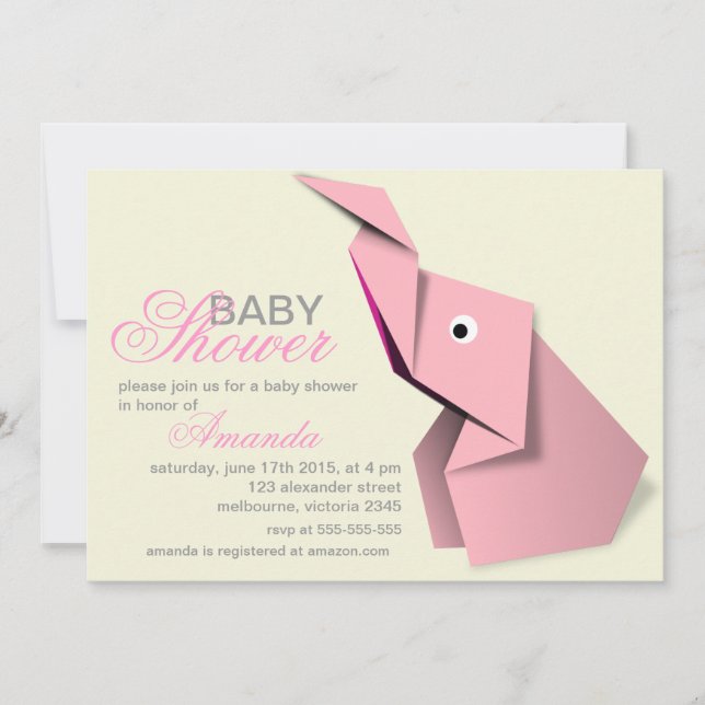 Invitation Baby shower fait sur commande d'éléphant d'origami (Devant)
