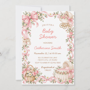 Invitation  Baby-Shower Fantaisiste avec Poussette Florale 