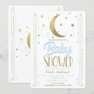 Invitation Baby Shower Fantaisiste Bleu Clair et Or Lune Étoi