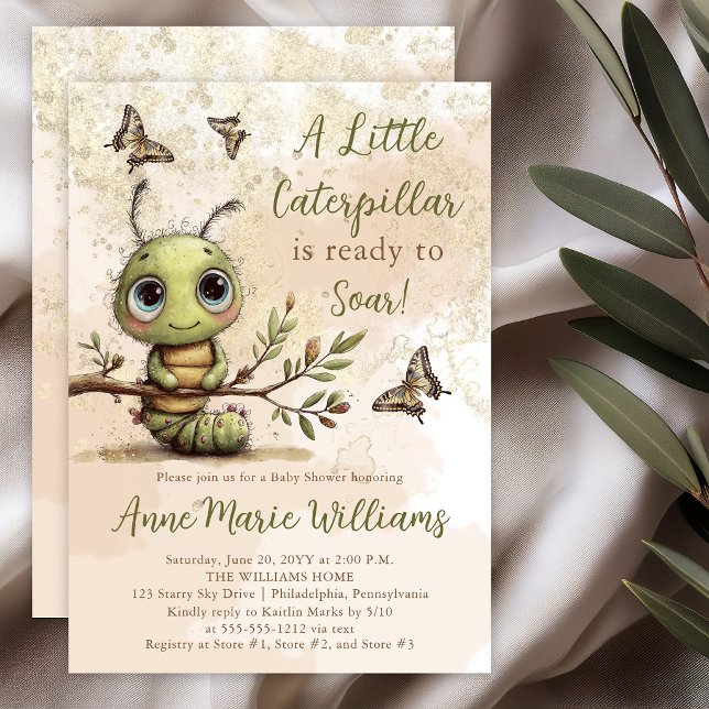 Invitation Baby Shower Fantaisiste Chenille Prête à S'Envole (Whimsical watercolor caterpillar baby shower invitation with soft sage and gold accents)