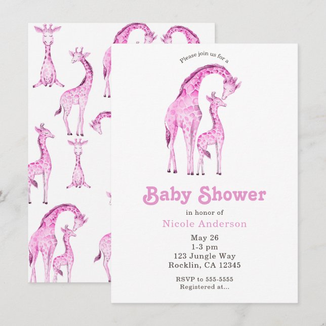 Invitation Baby Shower Fantaisiste des Girafes Roses (Devant / Derrière)