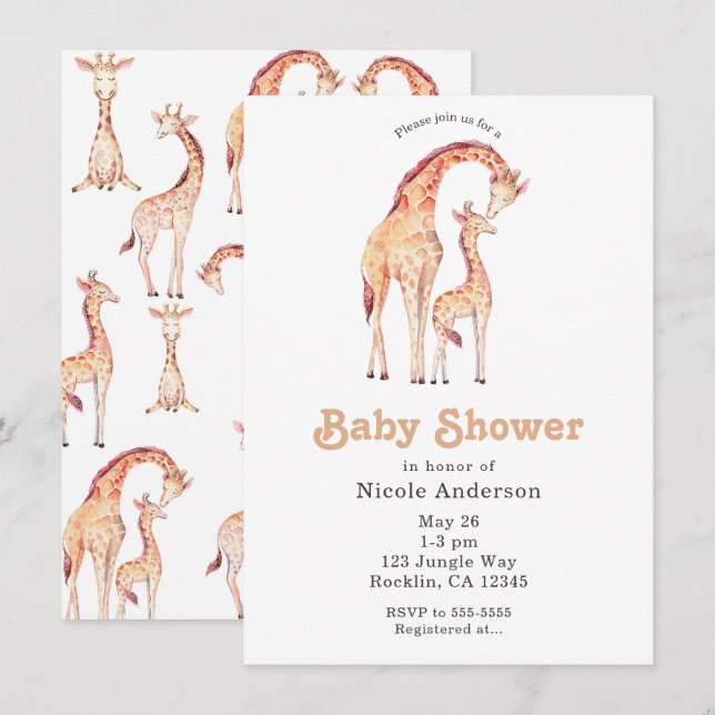 Invitation Baby Shower Fantaisiste des Girafes Tannées (Devant / Derrière)