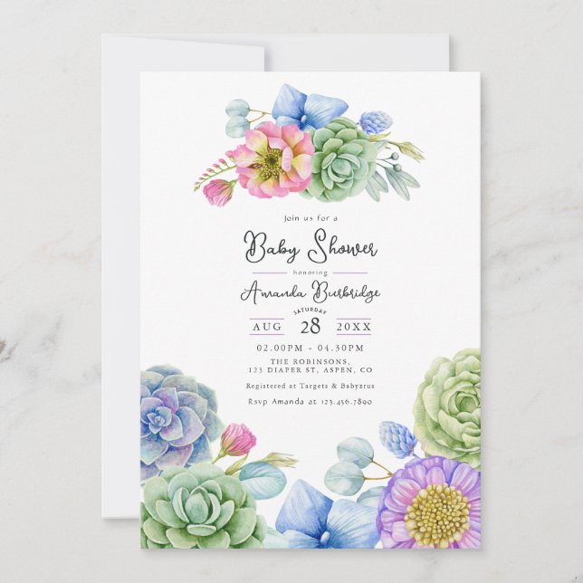 Invitation Baby-Shower Fantaisiste Fleurs et Succulentes (Devant)