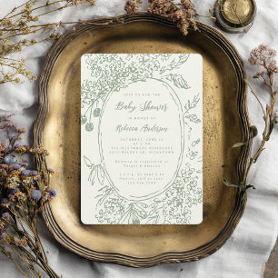 Invitation Baby Shower Fantaisiste Floral Doodle Vert Sauge