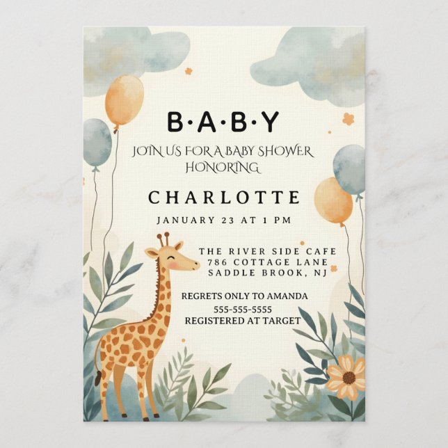 Invitation Baby Shower Fantaisiste Girafe (Devant)