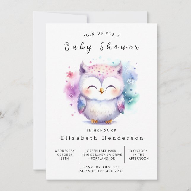 Invitation Baby Shower Fantaisiste Modifiable Chouette (Devant)