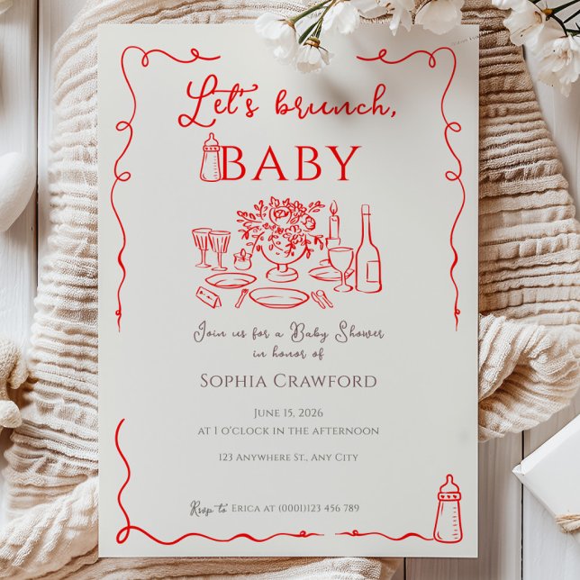 Invitation Baby Shower Fantaisiste Rouge Doodle Let's Brunch (Créateur téléchargé)