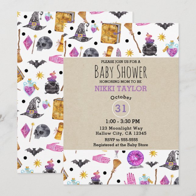 Invitation Baby Shower Fantastique à l'aquarelle pour Hallowe (Devant / Derrière)