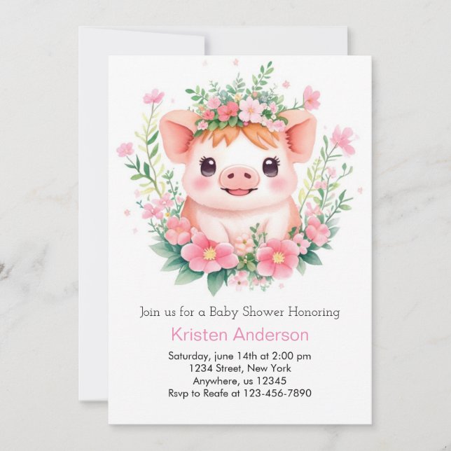 Invitation Baby shower Farmyard Blissful Pink Piglet Girl (Devant)