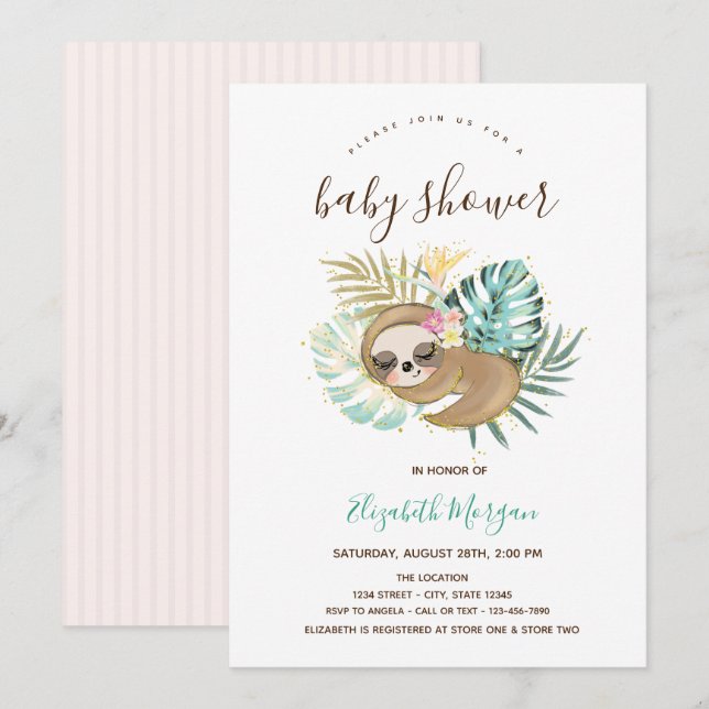 Invitation Baby-Shower Fausse-Couche Rose Rayée de Paresseux  (Devant / Derrière)