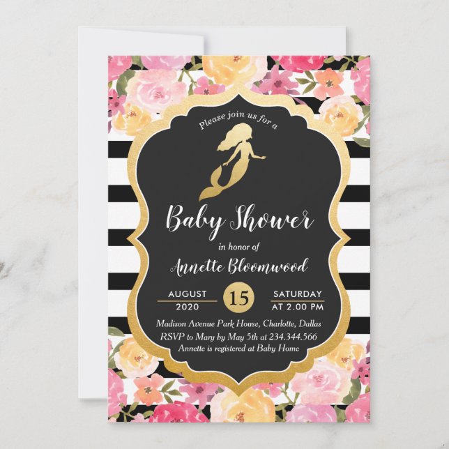 Invitation Baby shower | Faux Gold Foil Mermaid | Floral (Devant)