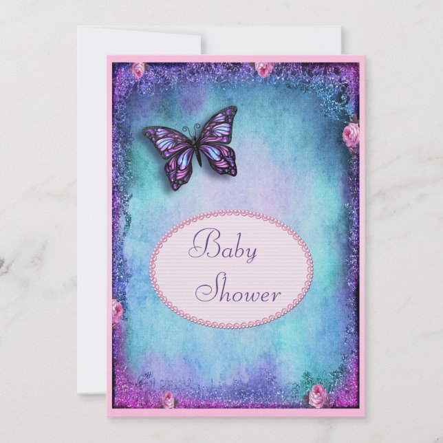Invitation Baby shower Faux Parties scintillant, Papillon, Ro (Devant)