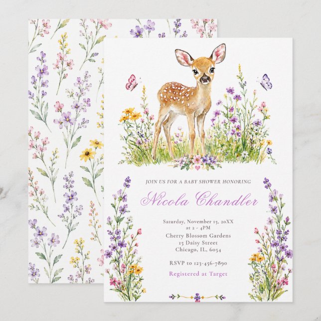 Invitation Baby Shower Fawn de la Forêt (Devant / Derrière)