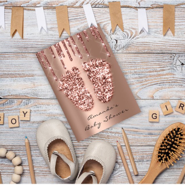Invitation Baby Shower Feet Glitter Rose Spark Drips Boy Girl (Créateur téléchargé)