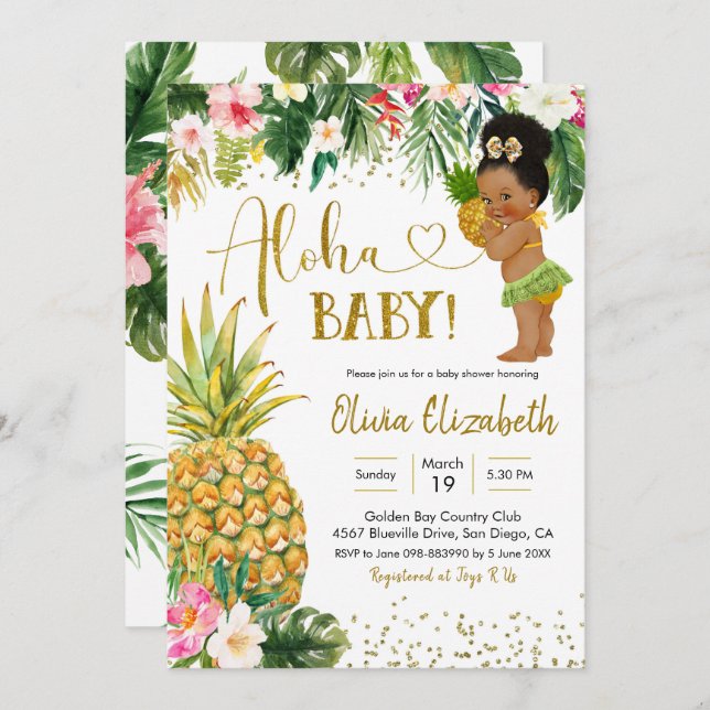 Invitation Baby shower féminin afro-tropical Luau (Devant / Derrière)