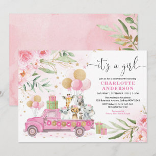 Invitation Baby shower féminin de Safari Floral d'or rose