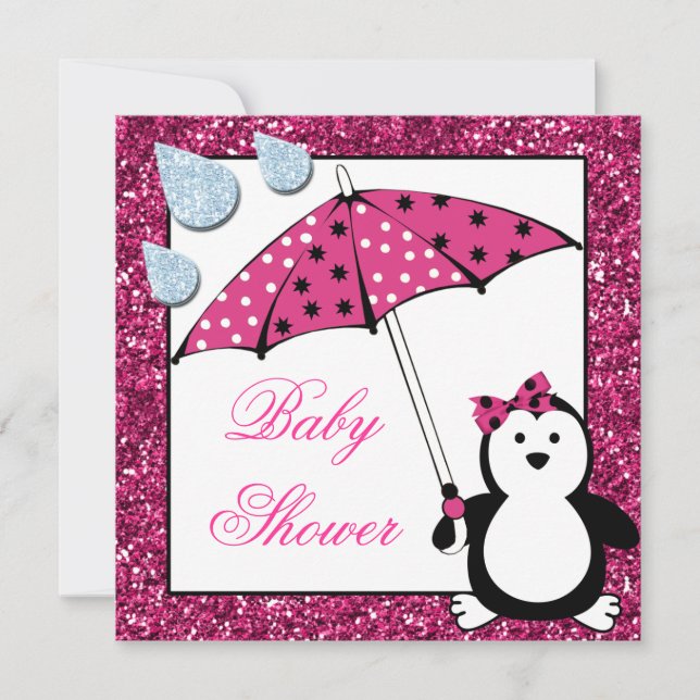 Invitation Baby shower féminin Doodle Penguin (Devant)