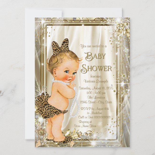 Invitation Baby Shower Féminin Pearl Glam Léopard (Devant)