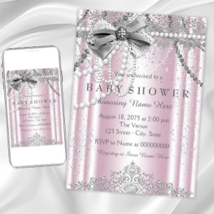 Invitation Baby Shower Féminin Perle Rose et Grise