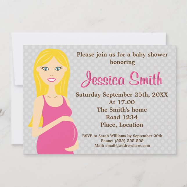 Invitation Baby Shower Femme Enceinte Blonde En Robe Rose (Devant)