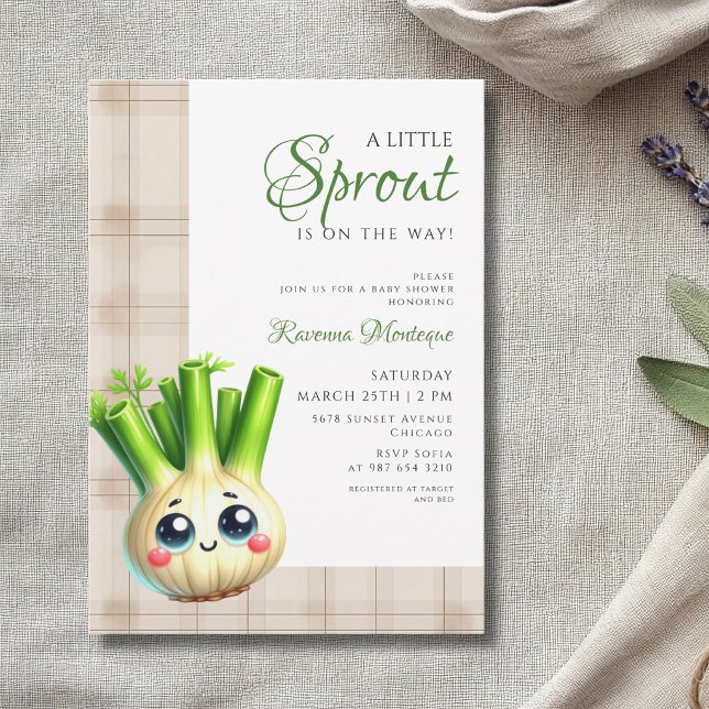 Invitation Baby shower Fennel Gingham Brun Petit Germe (Créateur téléchargé)