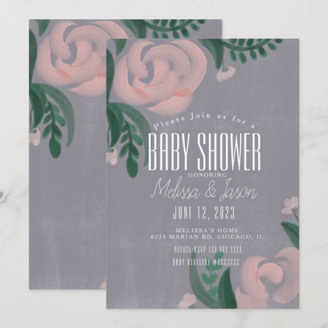 Invitation Baby Shower Ferme Rustique Rose Florale Rose Gris (Devant / Derrière)