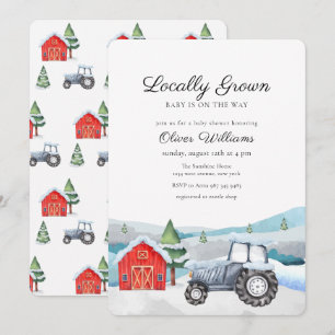 Invitation Baby Shower Ferme Tracteur Hiver Bleu