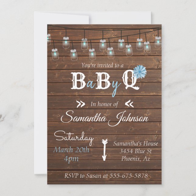 Invitation Baby Shower Fête Bleue Garçon BBQ Bois Rustique (Devant)
