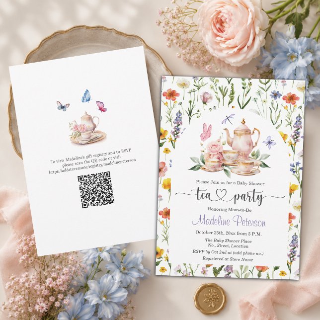 Invitation Baby Shower Fête de Thé QR Code aux Fleurs Sauvage (Créateur téléchargé)