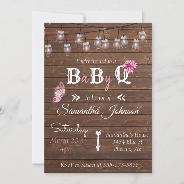 Invitation Baby Shower Fête Rose Fille BBQ Rustique Bois (Devant)