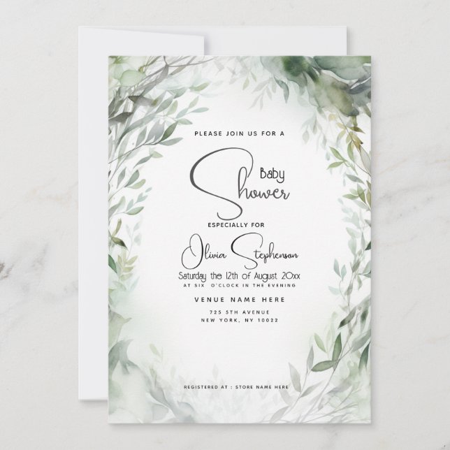 Invitation Baby Shower - Feuillage Aquarelle (Devant)