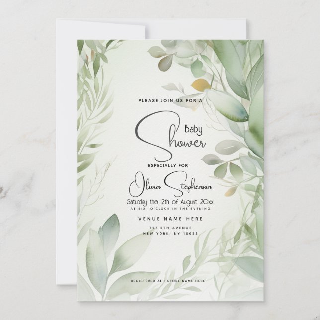 Invitation Baby Shower - Feuillage aquarelle feuillu  (Devant)