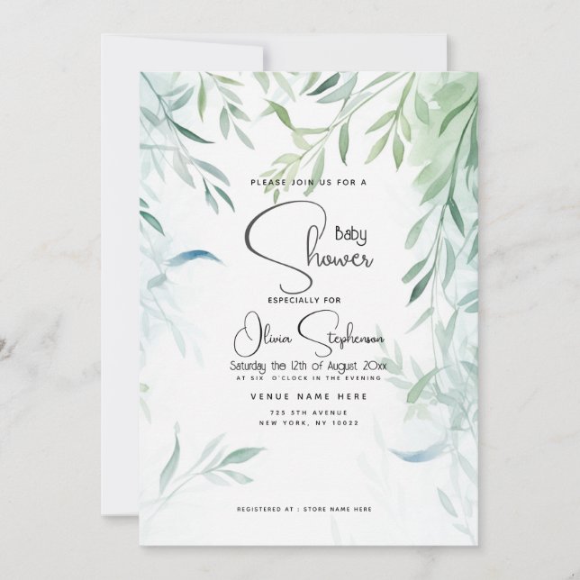 Invitation Baby Shower - Feuillage de saule bleu vert (Devant)