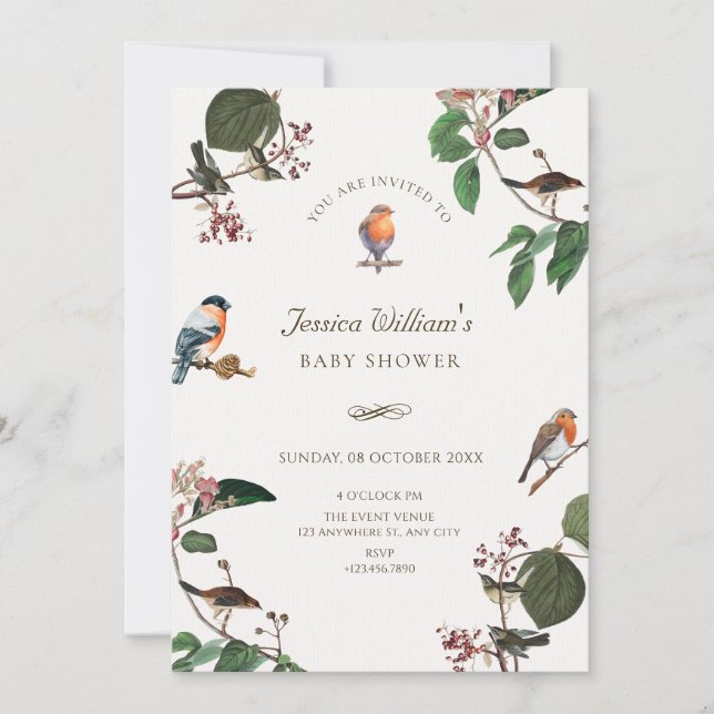 Invitation Baby shower Feuille aux oiseaux (Devant)