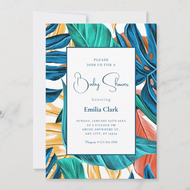 Invitation Baby shower feuille bleu tropical jaune (Devant)