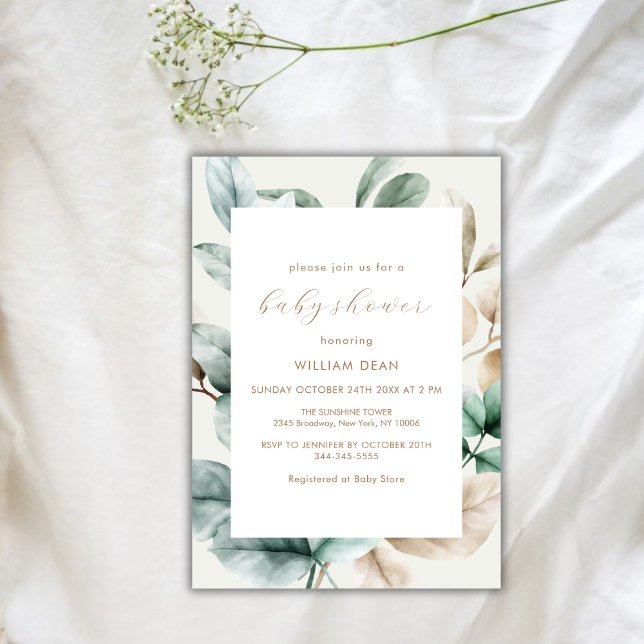 Invitation Baby shower Feuille Boho vert moderne (Modern Boho Greenery Leaves Baby Shower Invitation)